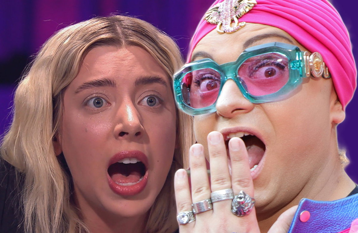 Fotocollage: Walentina Doronina mit offenem Mund bei "Das Sommerhaus der Stars" und Julian F. M.l Stoeckel geschockt