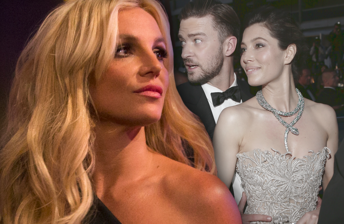 Britney Spears missgünstig - im Hintergrund ein überraschter Justin Timberlake & Jessica Biel