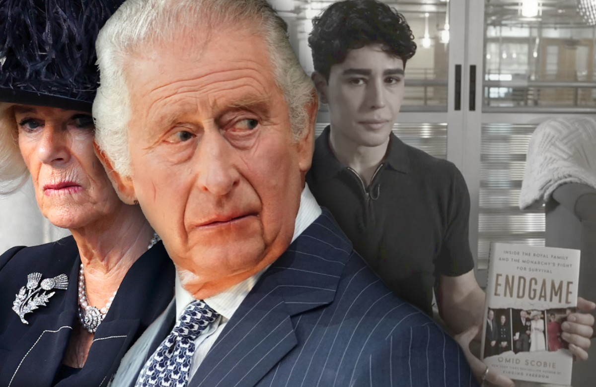 König Charles und Camilla besorgt - im Hintergrund Autor Omid Scobie mit Buch "Endgame"