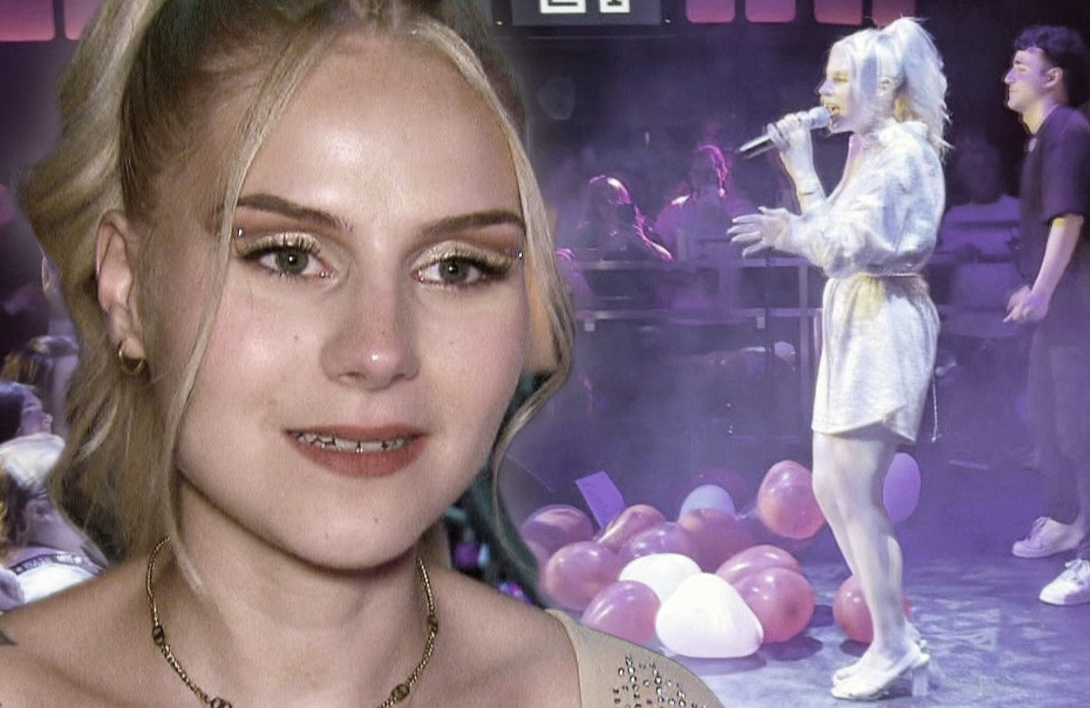 Estefania Wollny mit Tränen in den Augen & bei einem Auftritt, Collage