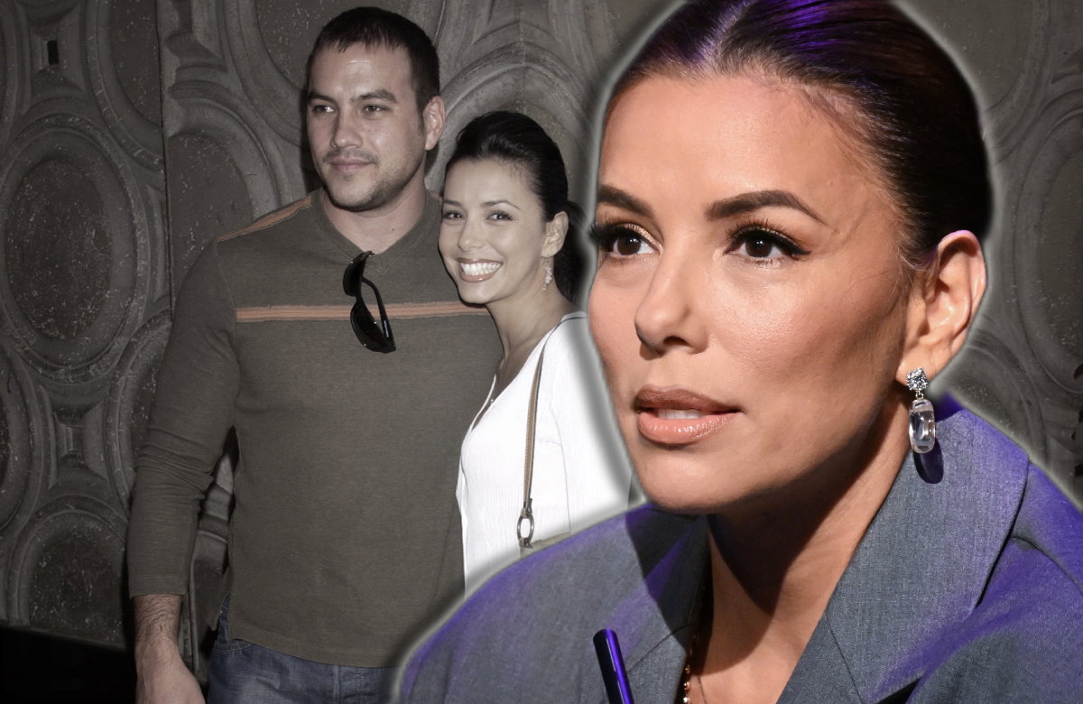 Eva Longoria sieht schockiert aus, im Hintergrund ein Bild von ihr und Tyler Christopher