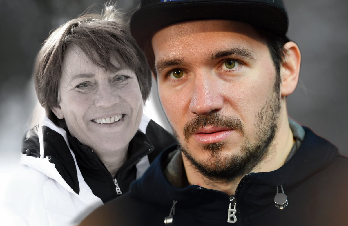 Felix Neureuther sieht traurig aus, im Hintergrund ein lächelndes Bild seiner verstorbenen Mutter Rosi Mittermaier