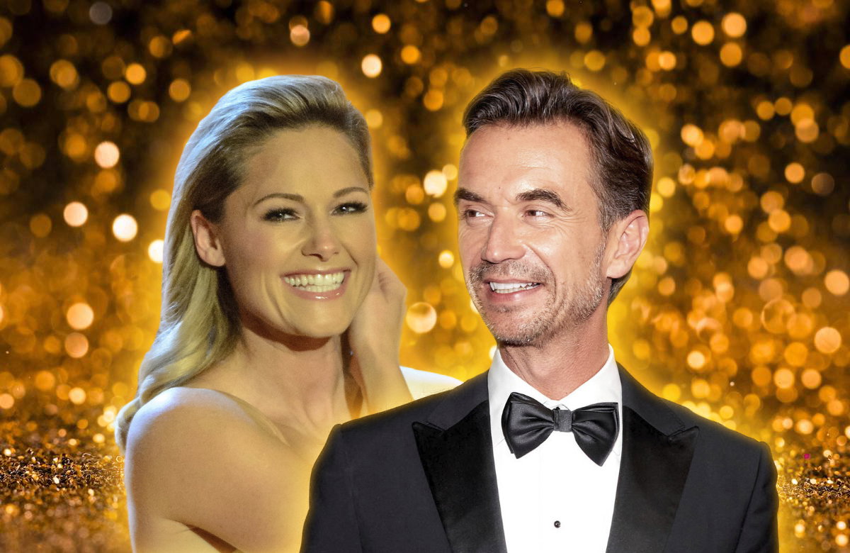 Collage Helene Fischer und Florian Silbereisen vor goldenen Hingergrund