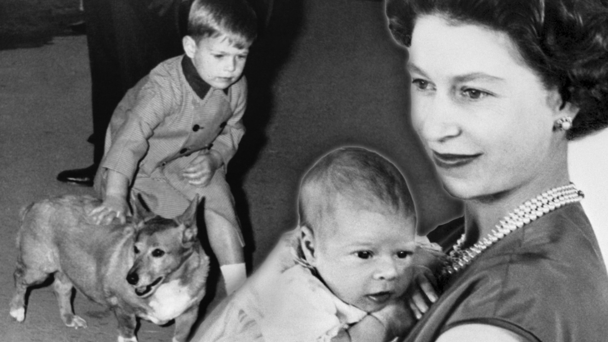 Königin Elizabeth II. mit Prinz Andrew als Baby - im Hintergrund Andrew als Kind mit einem Hund