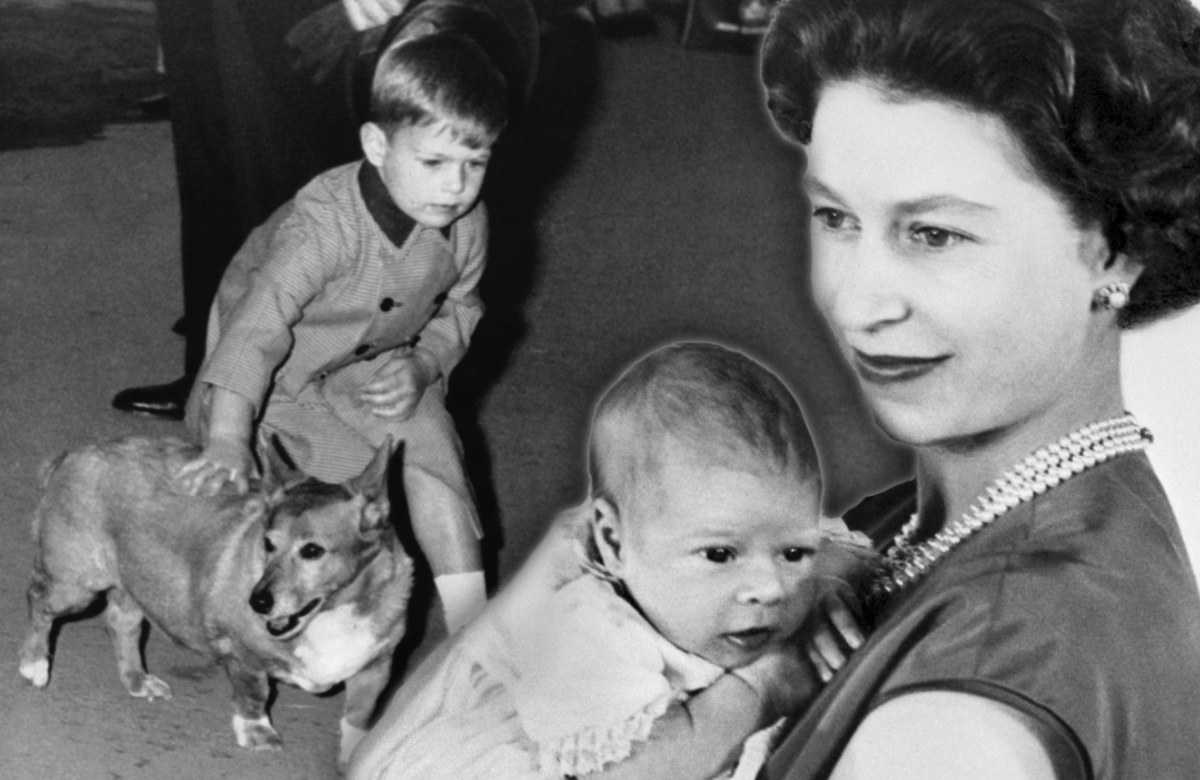 Königin Elizabeth II. mit Prinz Andrew als Baby - im Hintergrund Andrew als Kind mit einem Hund