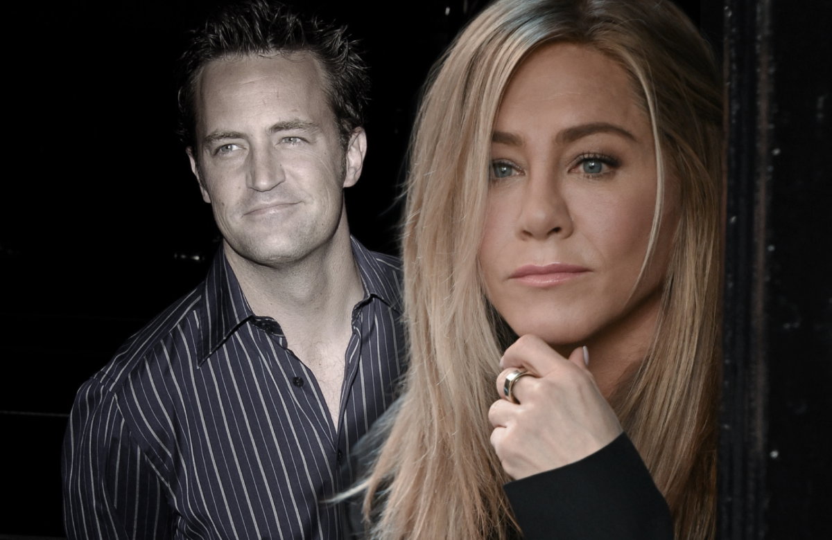 Jennifer Aniston sieht nachdenklich aus, im Hintergrund ein ausgegrautes Bild von Matthew Perry