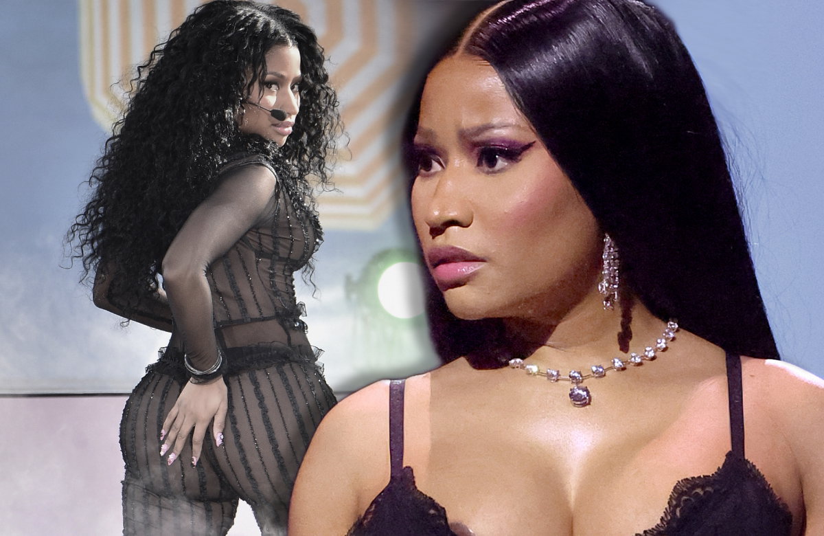 Nicki Minaj sieht erschrocken aus, im Hintergrund ein Bild von ihr mit ihrem XXL-Po