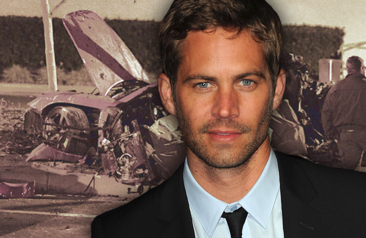Portrait von Paul Walker - im Hintergrund der verunglückte Porsche Carrera GT, in dem er starb