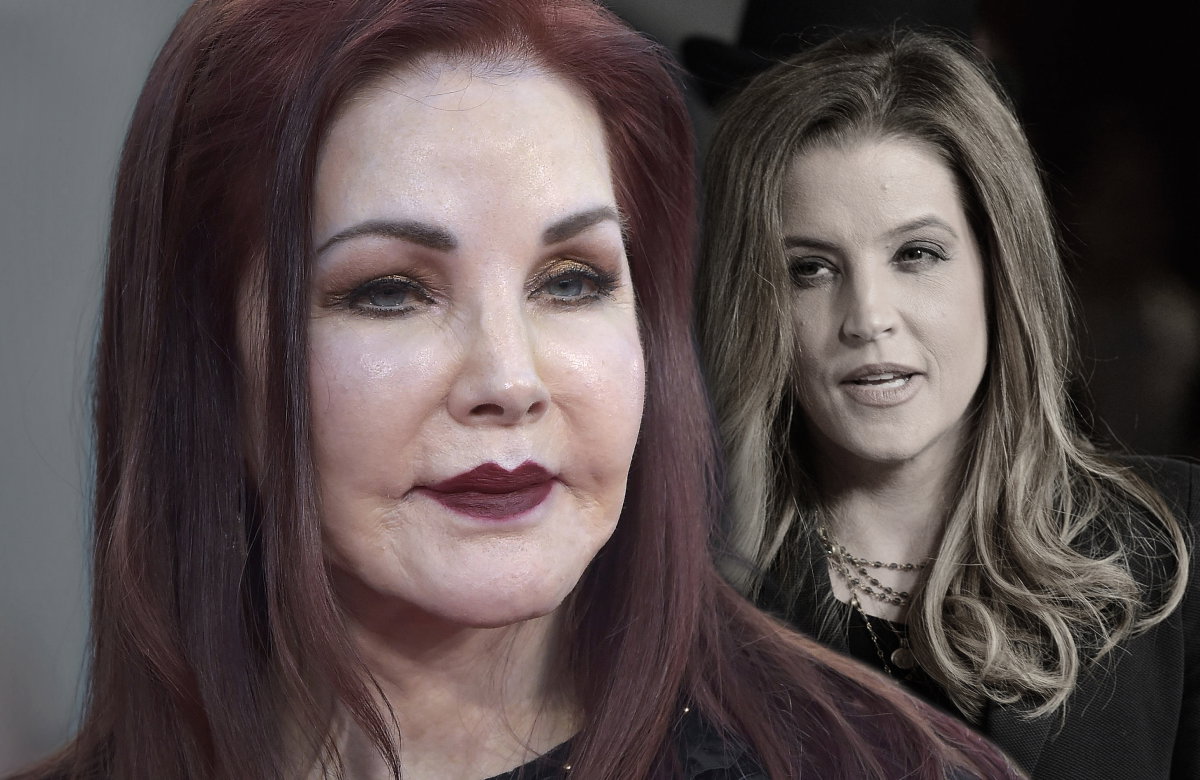 Priscilla Presley sieht traurig aus, im Hintergrund ein verblasstes Bild ihrer Tochter Lisa-Marie Presley