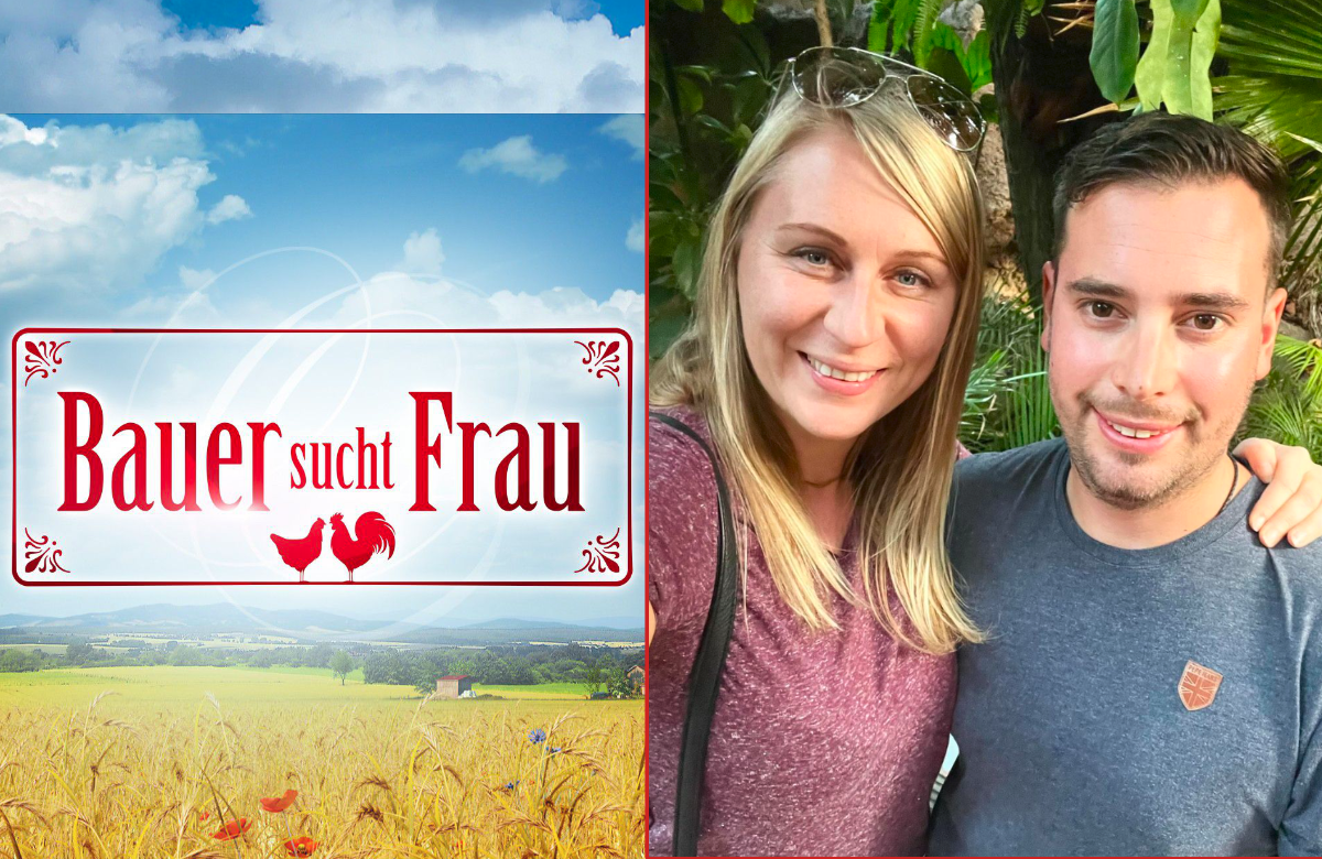 "Bauer sucht Frau"-Logo und Katrin und Marc mit ihrem Verlobungs-Selfie