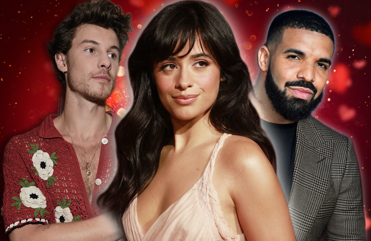 Camilla Cabelo strahlt, im Hintergrund steht Shawn Mendes mit verschränkten Armen und ein schmunzelnder Drake