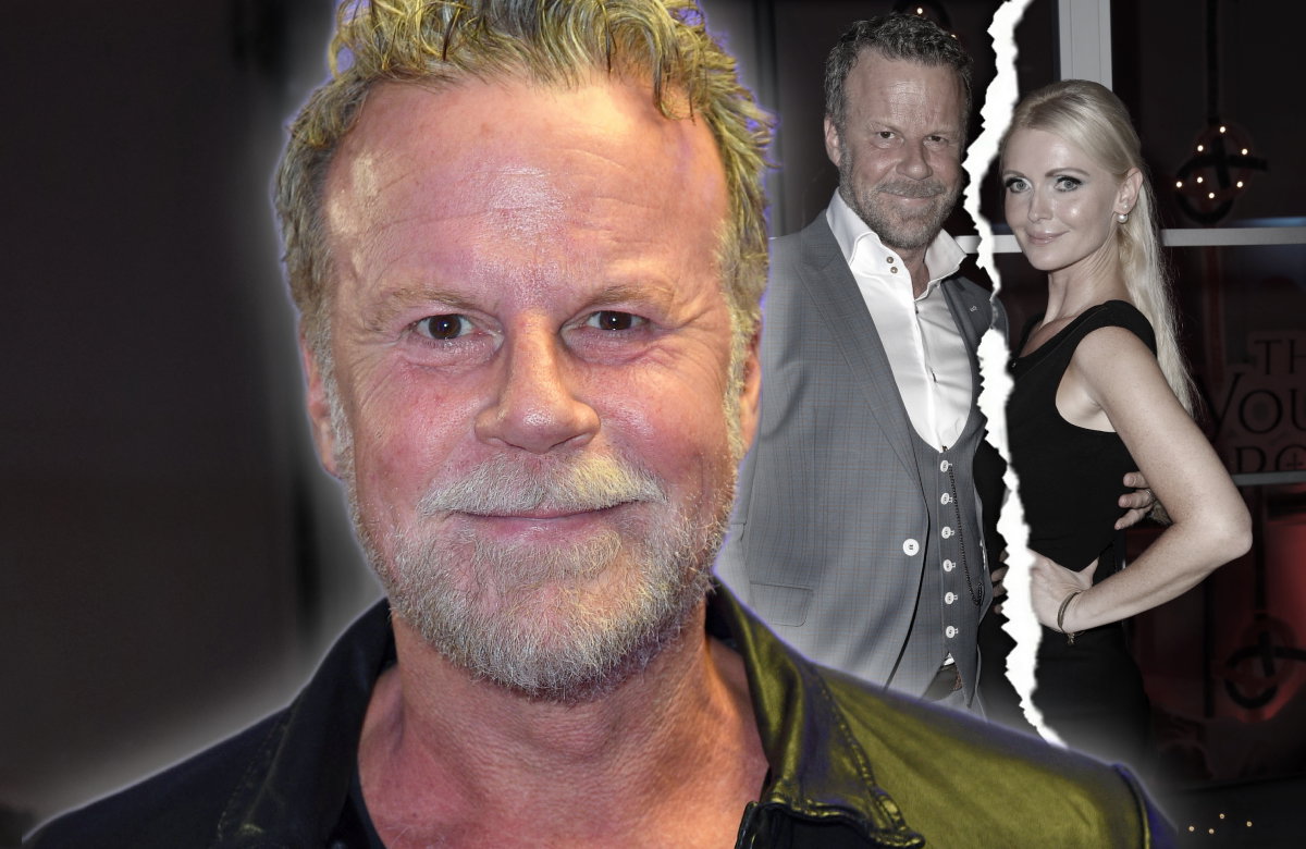 Jenke von Wilmsdorff lächelt, im Hintergrund ein zerrissenes Bild mit Ex-Frau Mia Bergmann