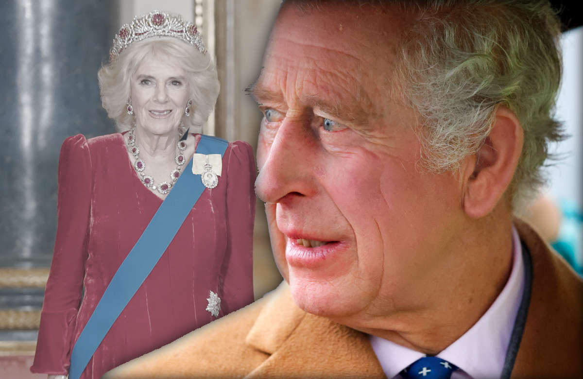 König Charles besorgt - im Hintergrund Königin Camilla lächelnd