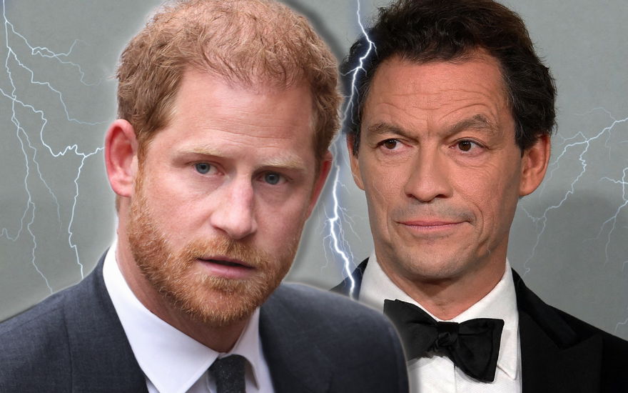 Prinz Harry sieht empört aus, Dominic West hebt skeptisch die Augenbraue