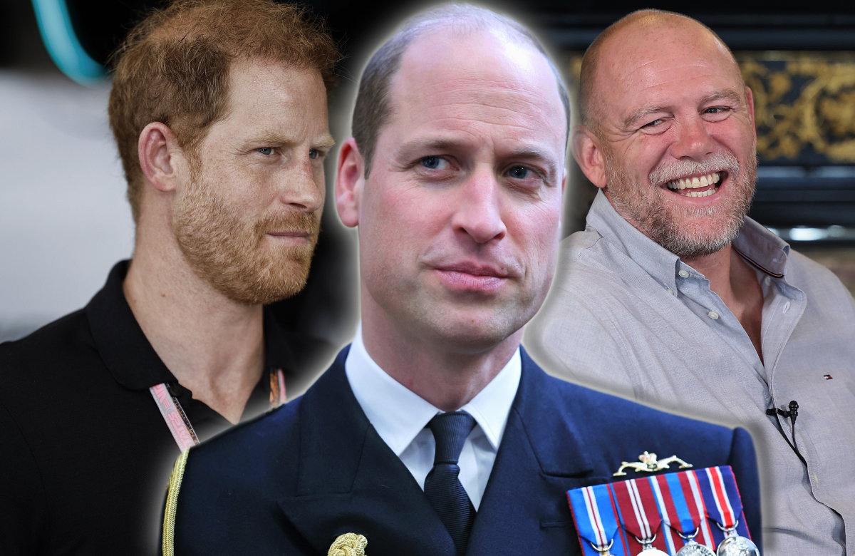 Prinz William schmunzelt, Prinz Harry sieht irritiert aus, Mike Tindall lacht