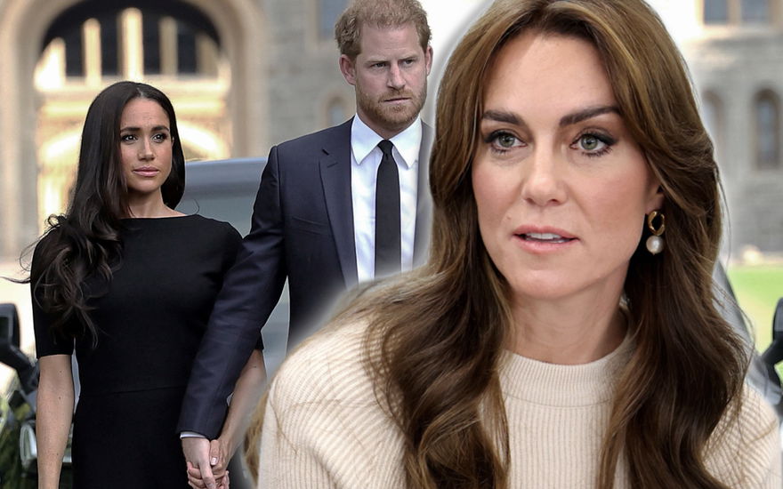 Prinzessin Kate sieht ernst aus, Prinz Harry und Herzogin Meghan halten Händchen