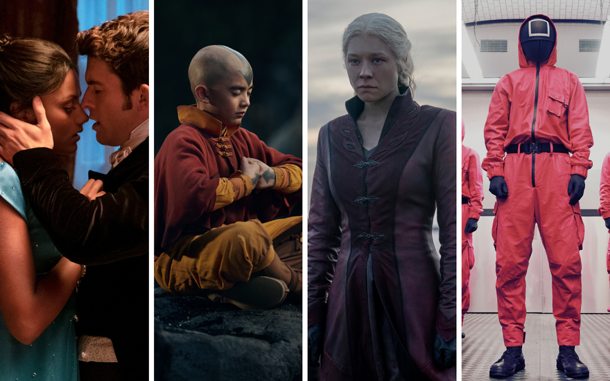 Serienstandbilder-Collage Bridgerton, Avatar, House of the Dragon und Squid Game
