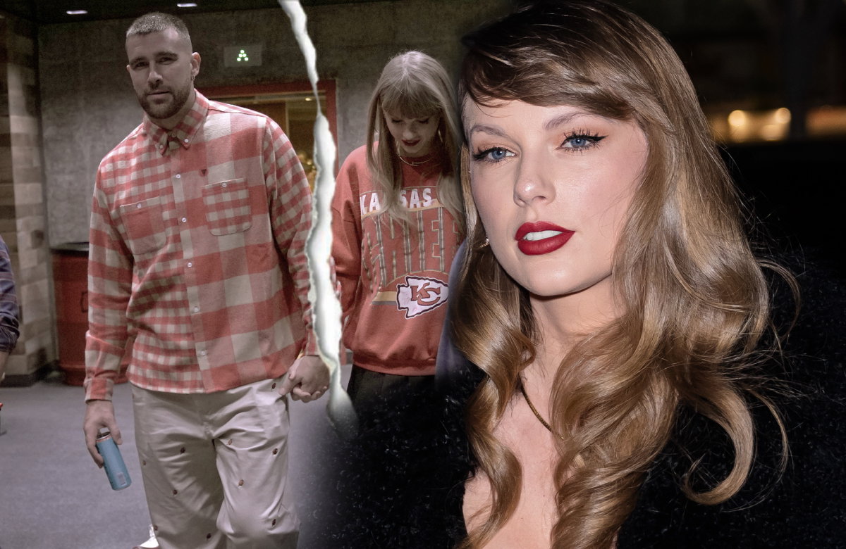 Taylor Swift sieht enttäuscht aus, im Hintergrund ein zerrissenes Bild von ihr und Travis Kelce beim Händchenhalten