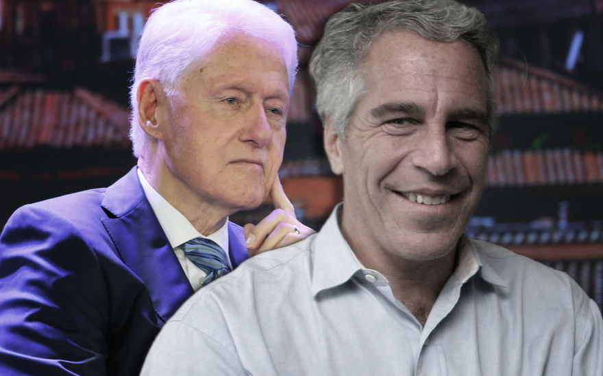 Bill Clinton stützt Gesicht auf Finger und Jeffrey Epstein grinst