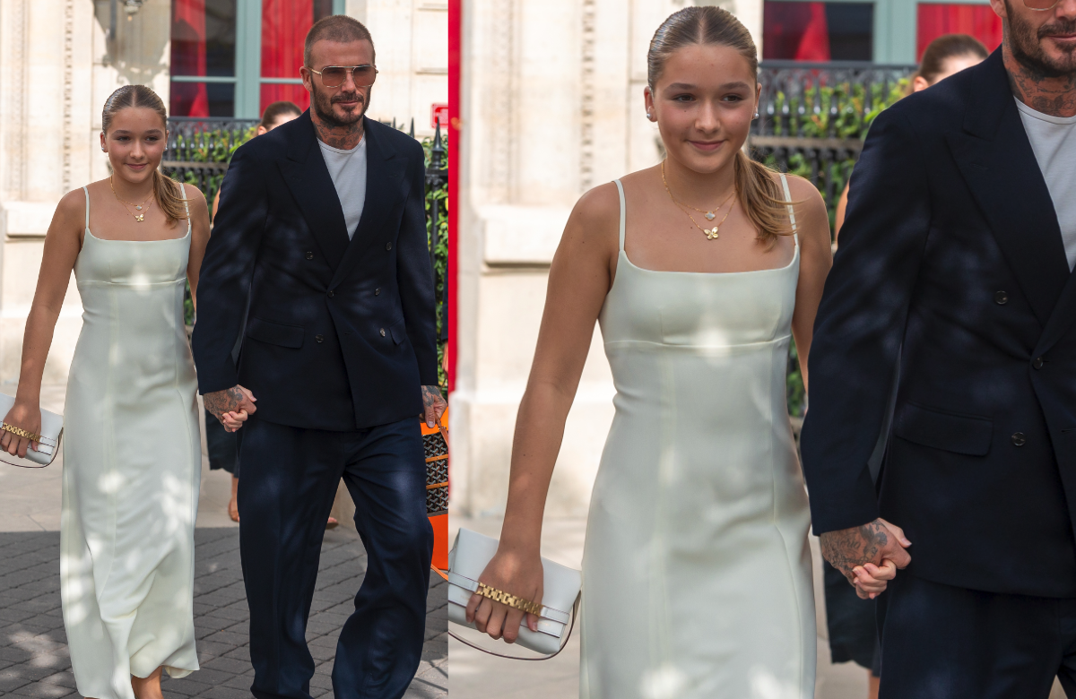 David Beckham mit Tochter Harper Beckham, die ein weißes, schulterfreies Kleid trägt