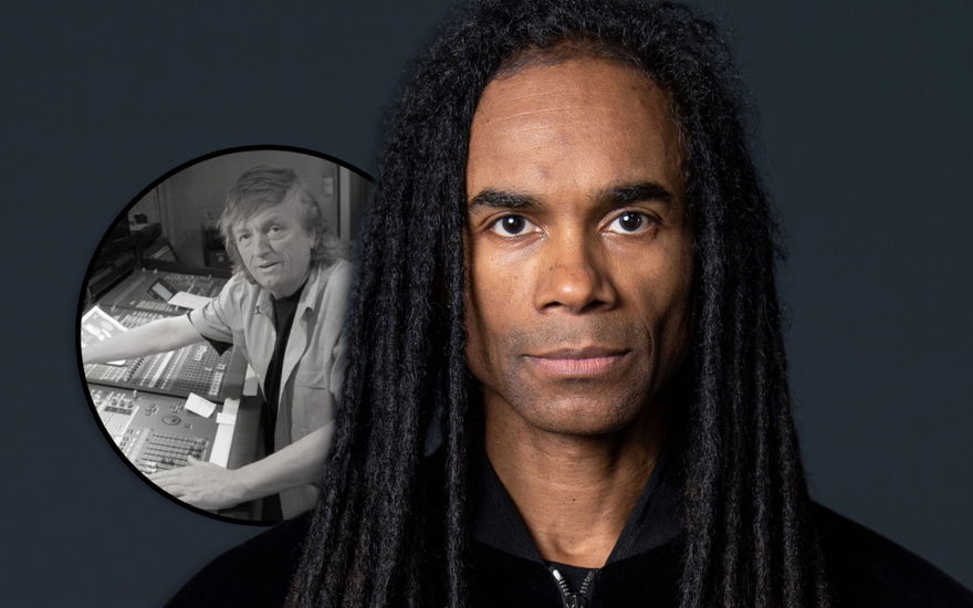 Fab Morvan guckt mit ernstem Gesichtsausdruck in die Kamera, daneben ein Bild von Frank Farian im Tonstudio