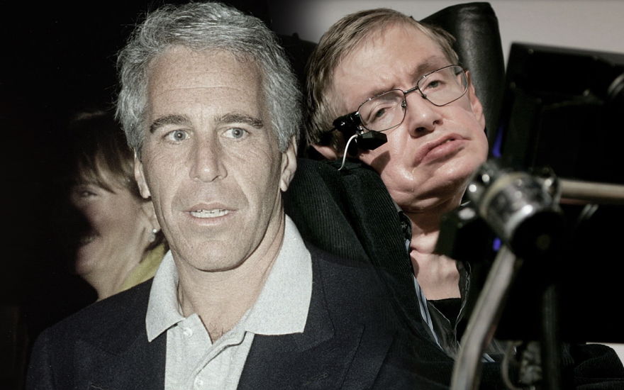 Jeffrey Epstein sieht schockiert aus, im Hintergrund ein Bild von Stephen Hawking