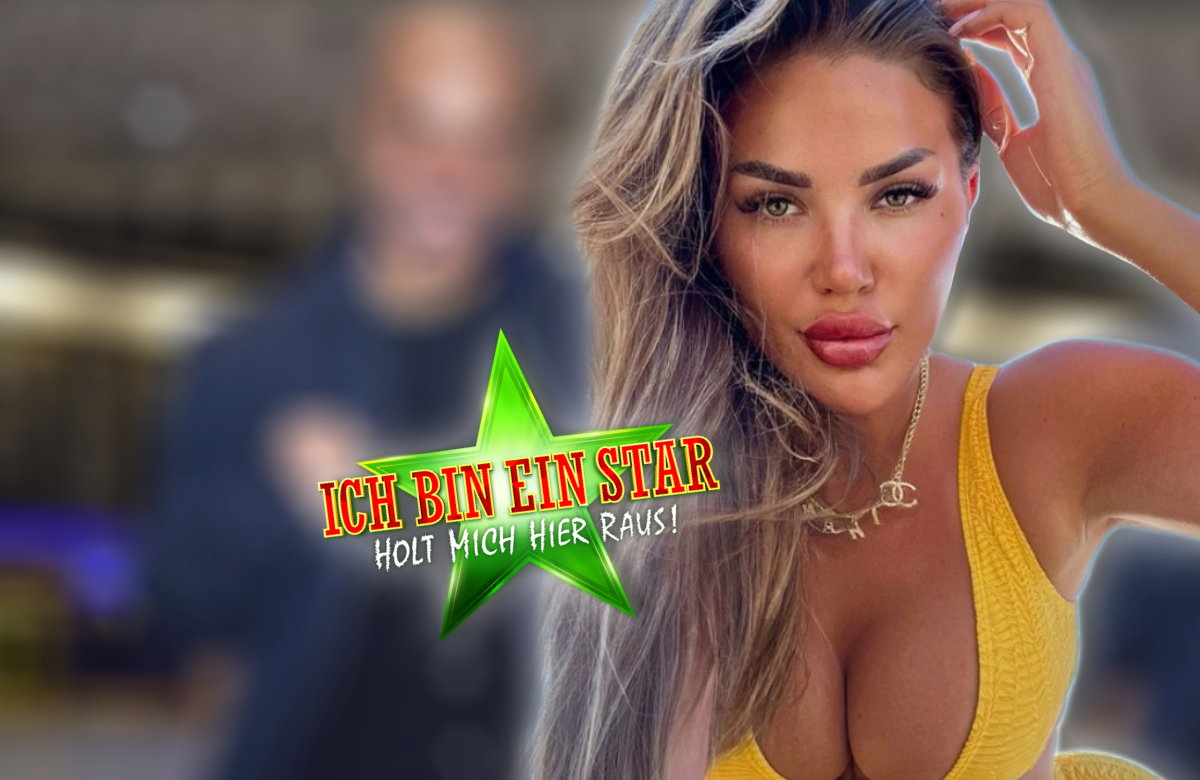 Kim Virginia fährt sich im Bikini mit Mega-Ausschnitt durch die Haare, im Hintergrund ist ein verschwommenes Bild von David Odonkor am Flughafen und das Dschungelcamp-Logo