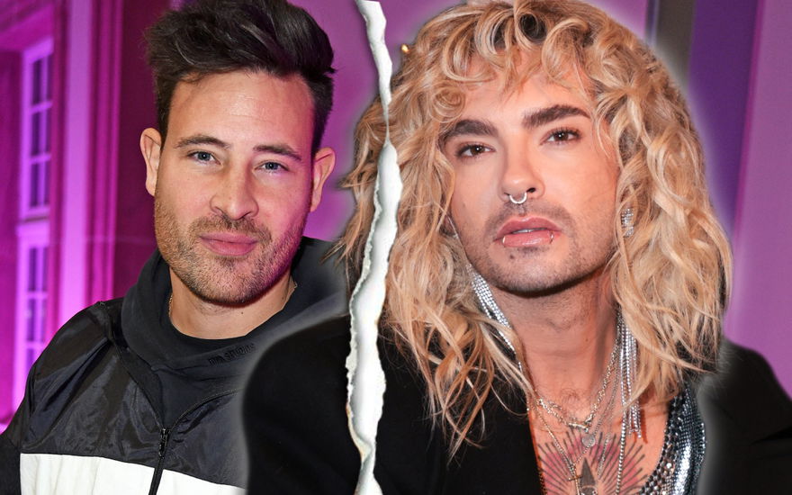 Marc Eggers lächelt, Bill Kaulitz guckt ernst, in der Mitte ist ein Trennungsriss zwischen ihnen