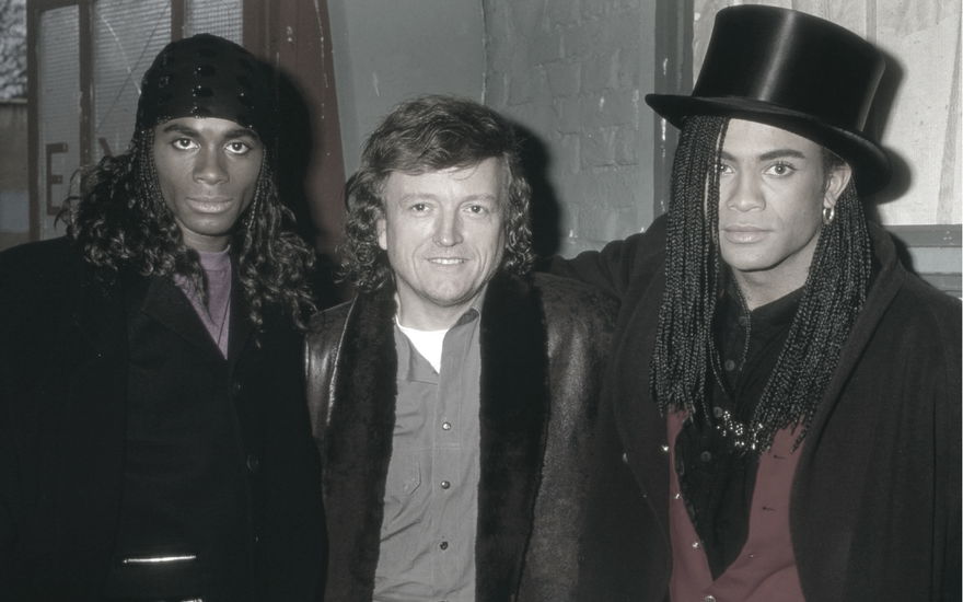 Frank Farian mit Fab Morvan und Rob Pilatus von Milli Vanilli im Jahr 1988