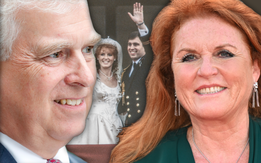 Montage: Prinz Andrew und Sarah Ferguson glücklich - im Hintergrund ihre Hochzeit