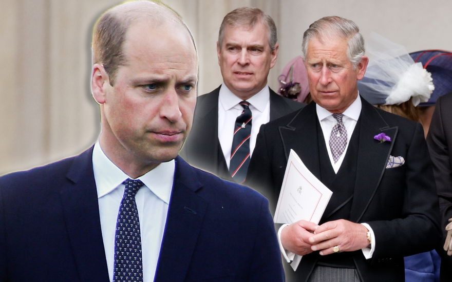 Prinz William sieht sauer aus, König Charles sieht verzweifelt aus, Prinz Andrew steht zwischen ihnen