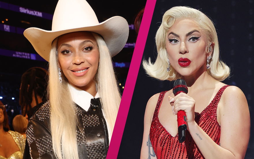 Beyoncé mit Cowboy-Hut und Lady Gaga mit Mikrofon in der Hand