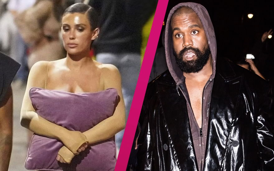 Bianca Censori läuft halbnackt mit einem Kissen durch die Gegend, Kanye West sieht aufbrausend aus