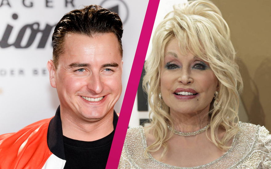 Collage Andreas Gabalier und Dolly Parton mit pinken Strich