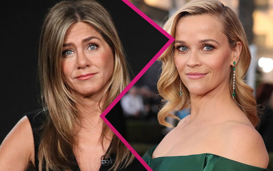 Collage Jennifer Aniston und Reese Witherspoon mit pinken Blitz