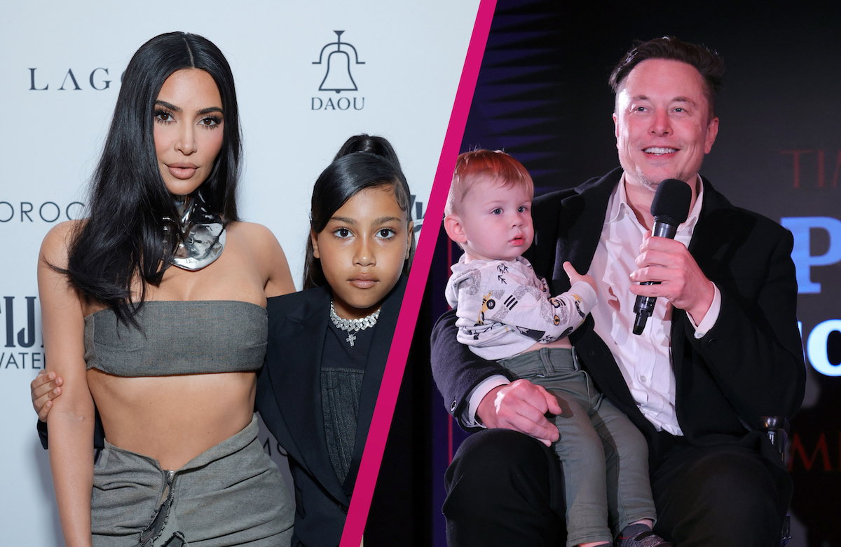 Collage Kim Kardashian mit North West und Elon Musk mit X Æ A-12