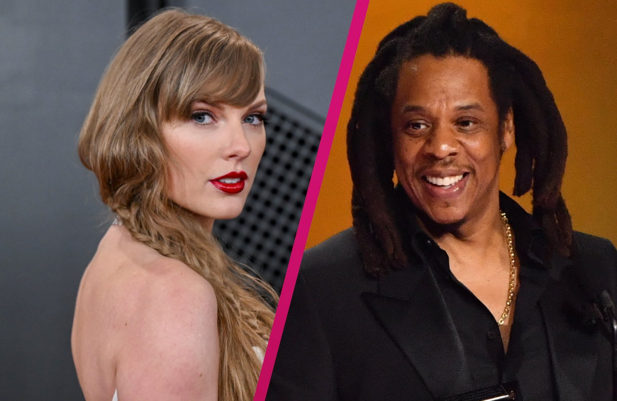 Collage Taylor Swift und Jay-Z mit pinken Strich