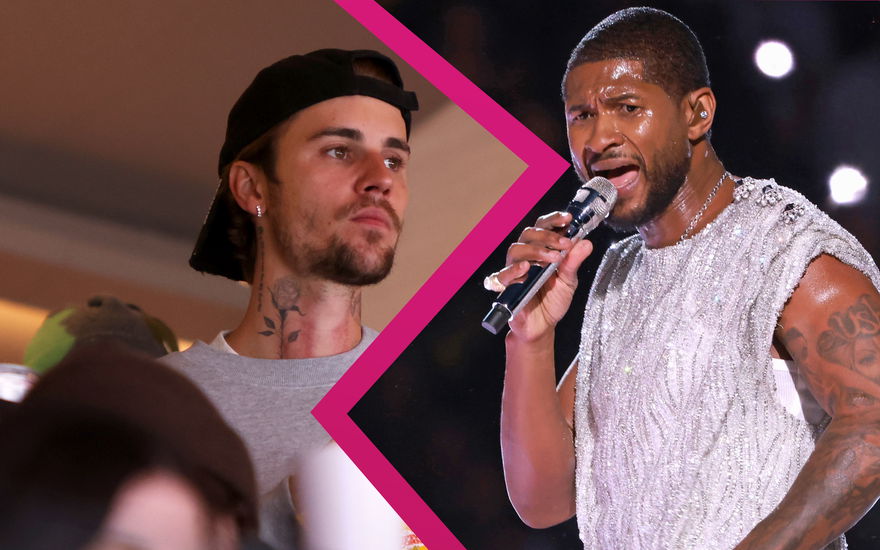 Justin Bieber sieht mürrisch zu, Usher sieht verärgert aus