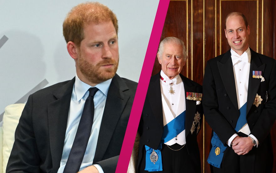 Prinz Harry sieht nachdenklich zur Seite, König Charles und Prinz William lächeln stolz