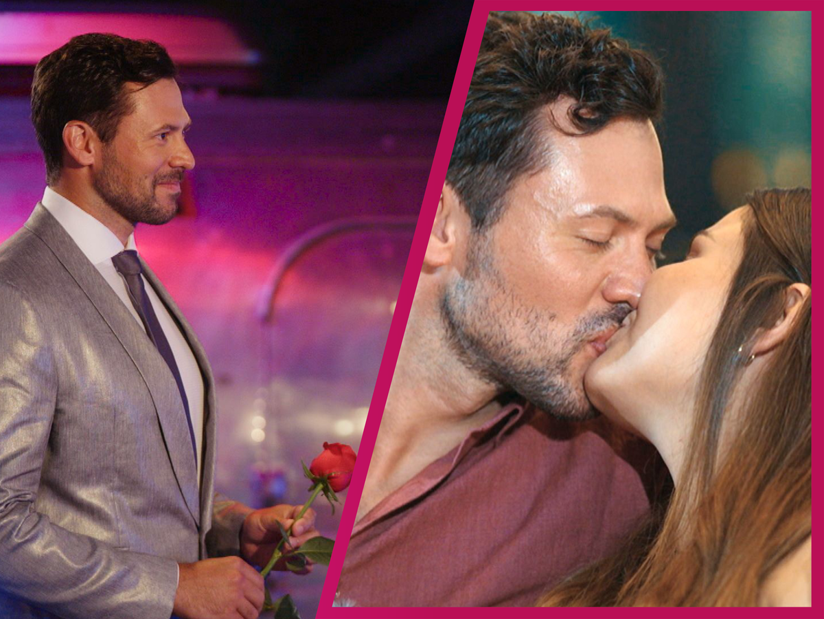 "Bachelors" Sebastian Klaus mit einer Rose und bei einem Kuss mit Eva Thümling