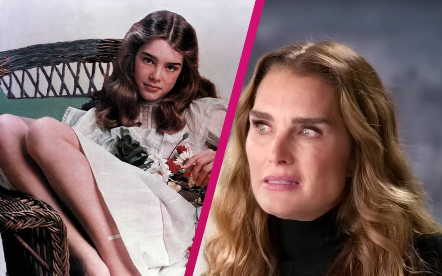 Brooke Shields im Jahr 1977, daneben ein aktuelles Bild von ihr mit entsetztem Gesichtsausdruck