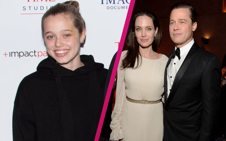 Shiloh Jolie-Pitt lächelt, daneben ein Bild ihrer Eltern Angelina Jolie und Brad Pitt
