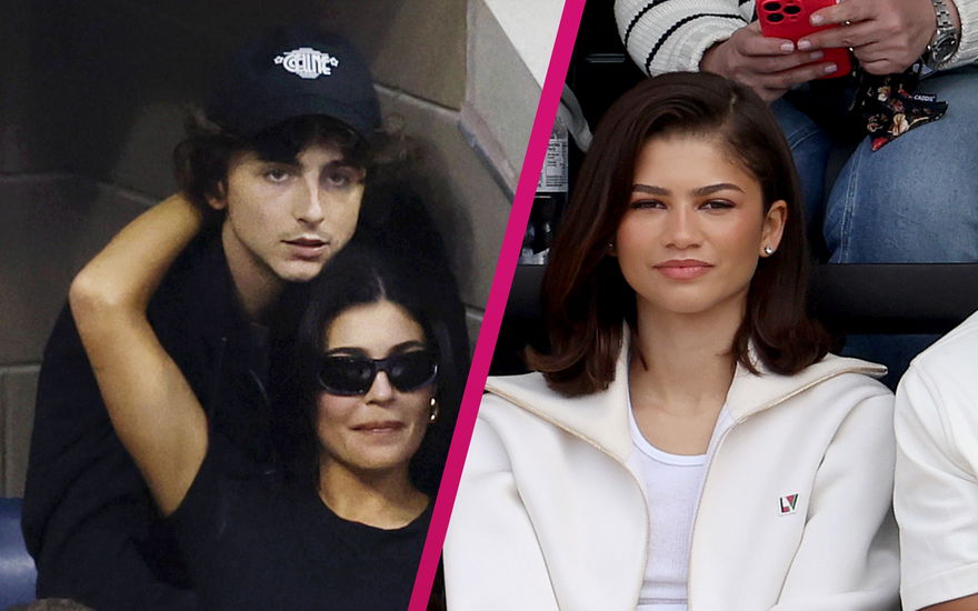 Kylie Jenner umklammert Timothée Chalamet, daneben ein Bild von Zendaya