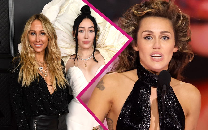 Tish und Noah Cyrus stehen zusammen, daneben ein Bild von Miley Cyrus, die entsetzt aussieht