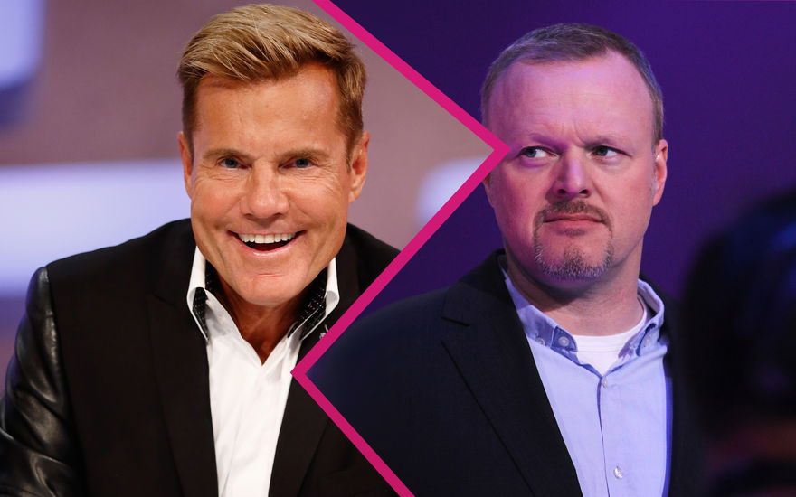 Dieter Bohlen lacht hämisch, Stefan Raab guckt ernst zur Seite
