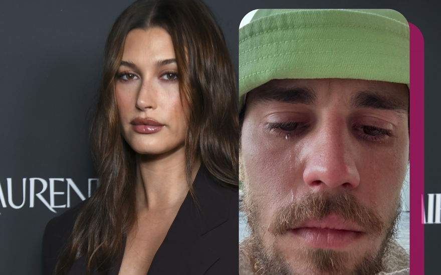 Hailey Bieber guckt ernst, daneben ein Selfie von weinendem Justin Bieber