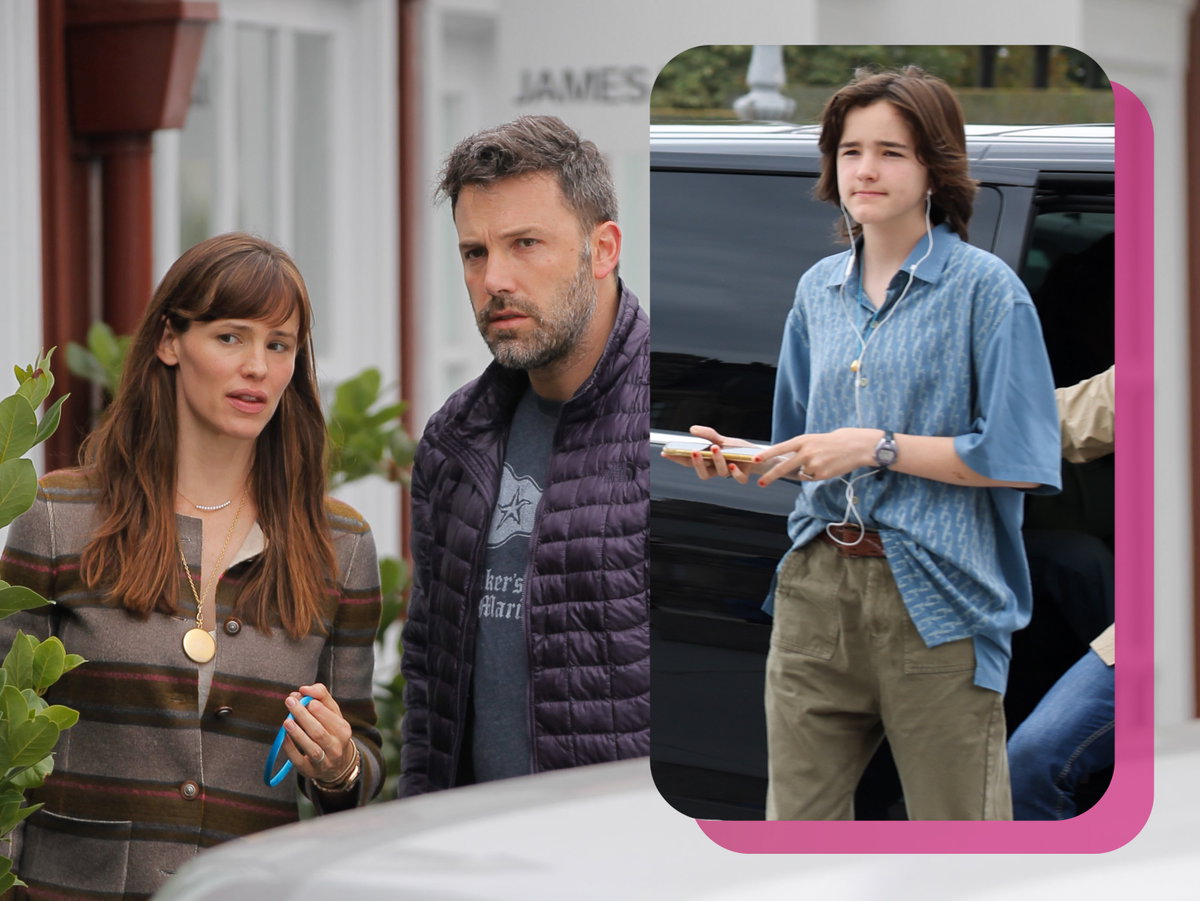 Jennifer Garner mit Ben Affleck, die besorgt aussehen, daneben ein Bild von Fin Affleck