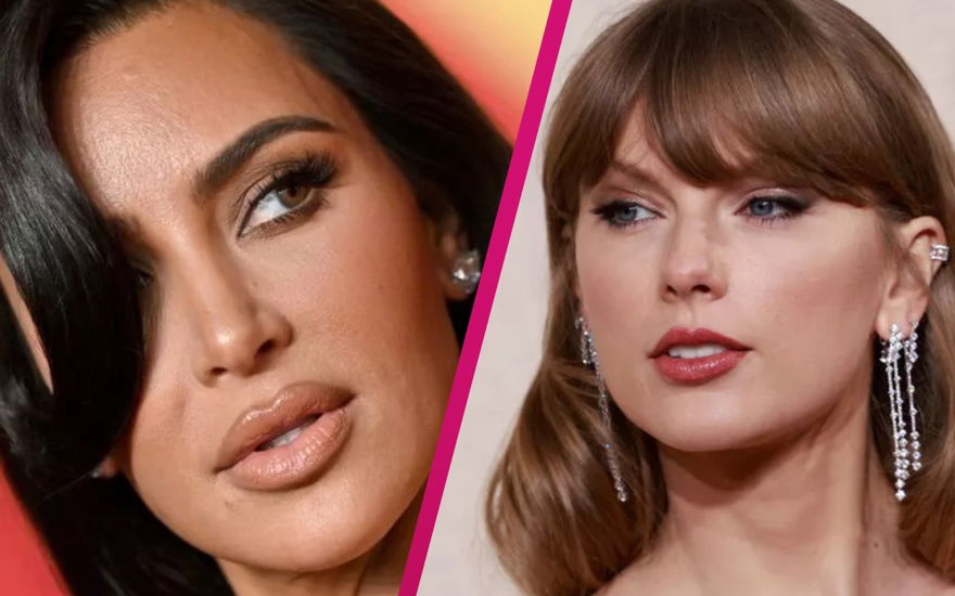 Collage Kim Kardashian Taylor Swift gucken beide ernst