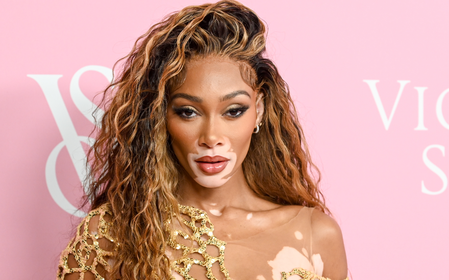 Winnie Harlow vor einer rosa Wand