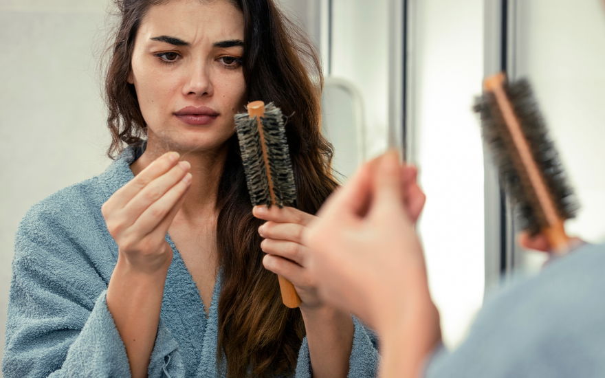 Frau nimmt Haare aus Bürste